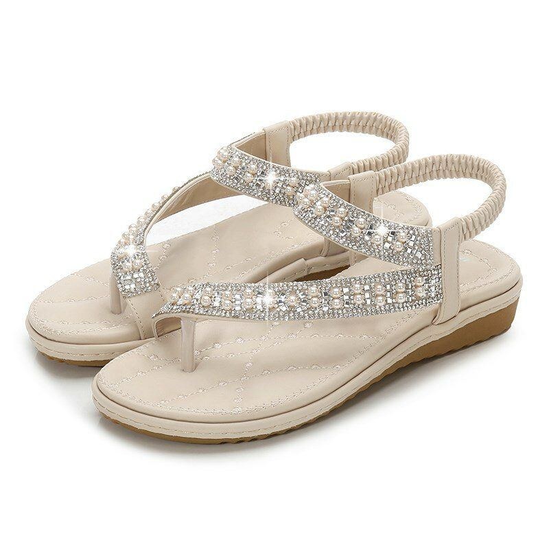 Bohemian Rhinestone Clip Toe Flip Flops Platta Sandaler Med Mjuk Botten