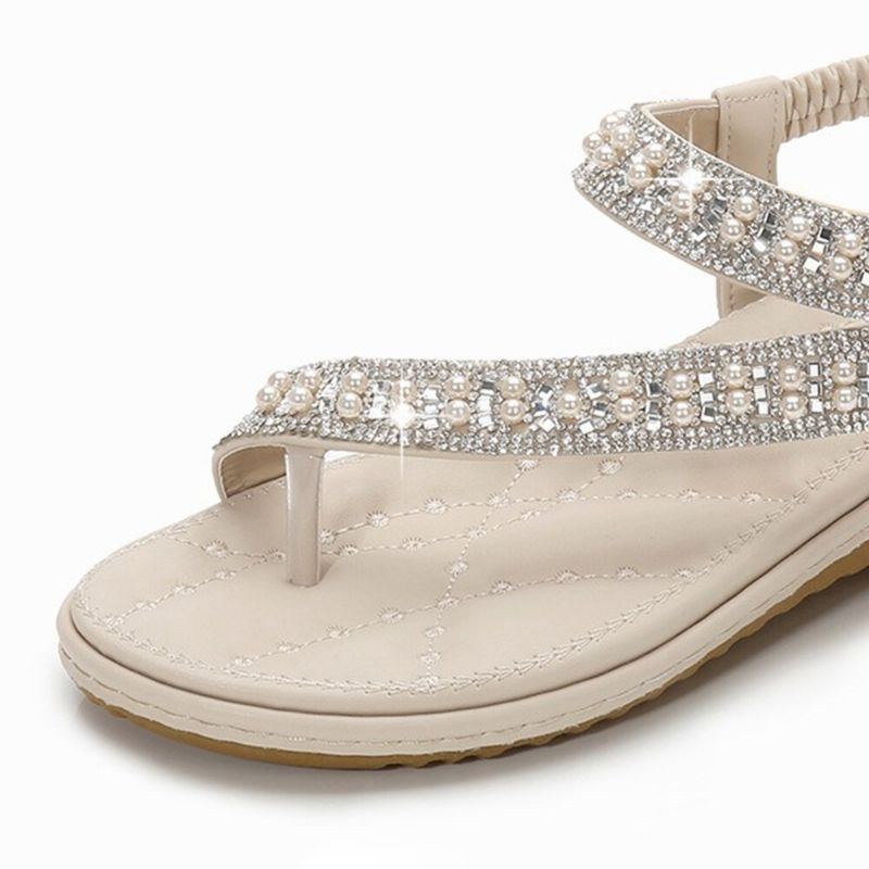 Bohemian Rhinestone Clip Toe Flip Flops Platta Sandaler Med Mjuk Botten