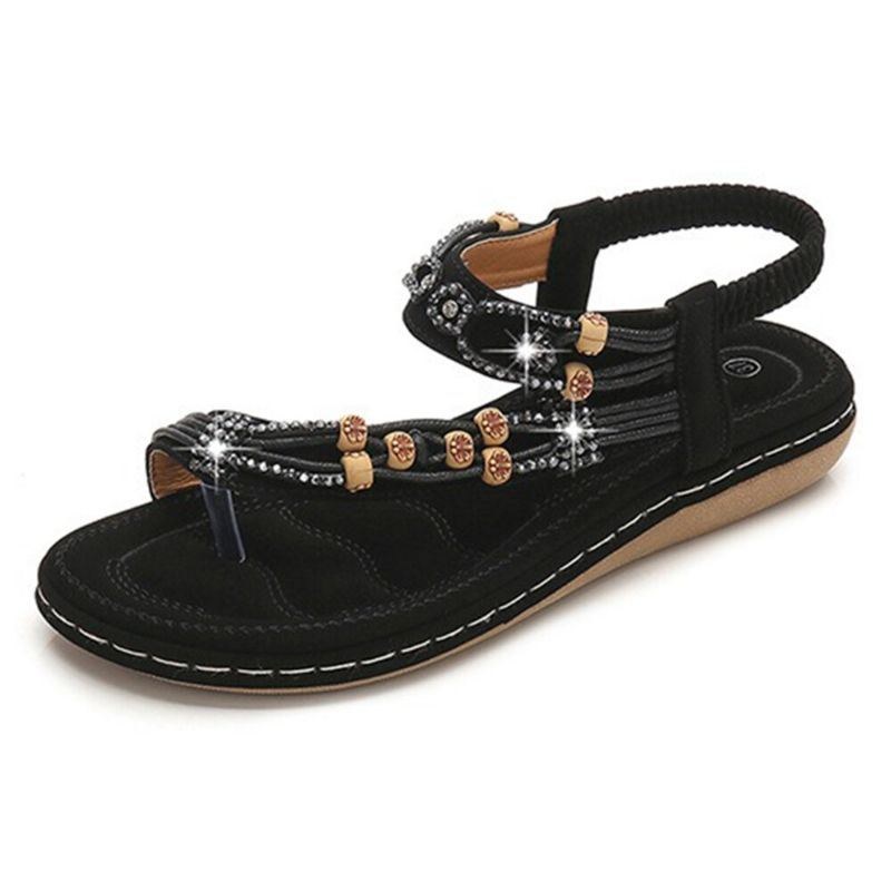 Bohemian Weave Rhinestone Elastiskt Band Mjuka Casual Sandaler