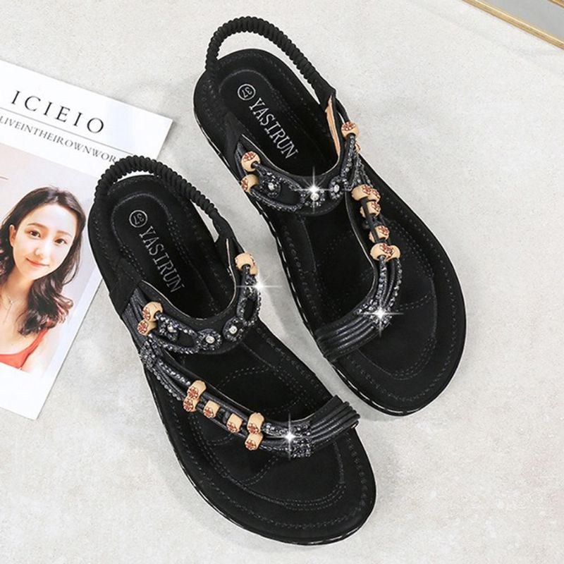 Bohemian Weave Rhinestone Elastiskt Band Mjuka Casual Sandaler