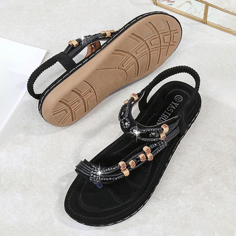 Bohemian Weave Rhinestone Elastiskt Band Mjuka Casual Sandaler