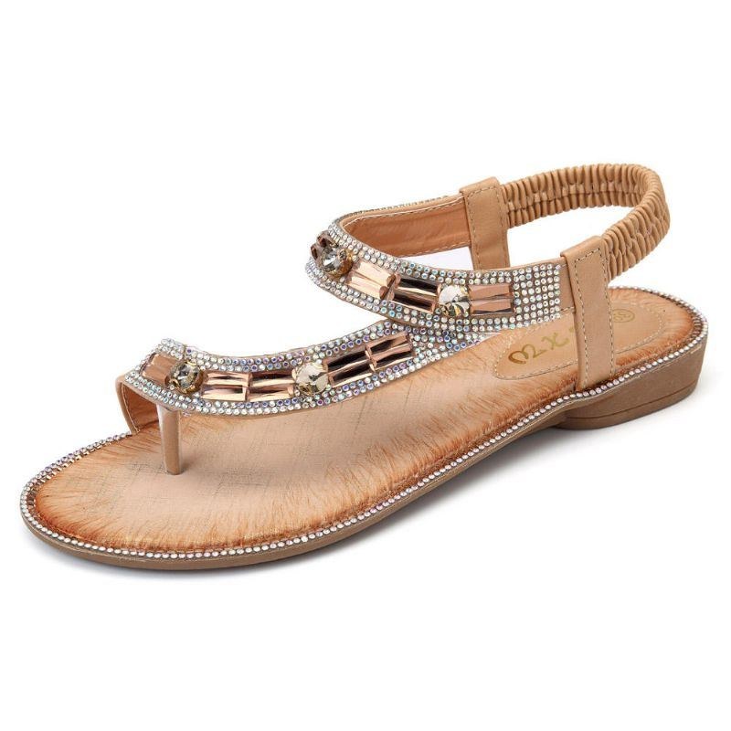 Bohemian Women Rhinestone Flat Sandals Flip Flop Skor