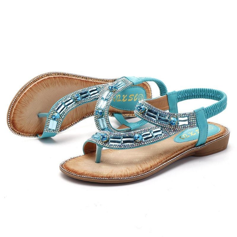 Bohemian Women Rhinestone Flat Sandals Flip Flop Skor