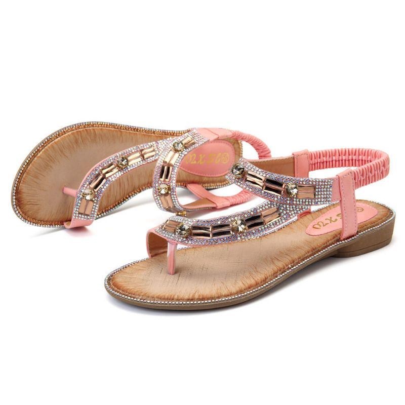 Bohemian Women Rhinestone Flat Sandals Flip Flop Skor