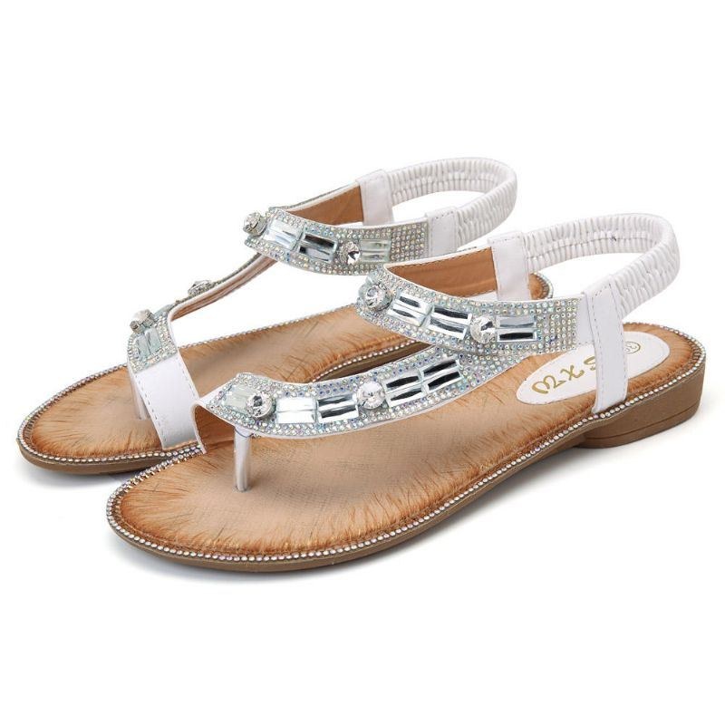 Bohemian Women Rhinestone Flat Sandals Flip Flop Skor