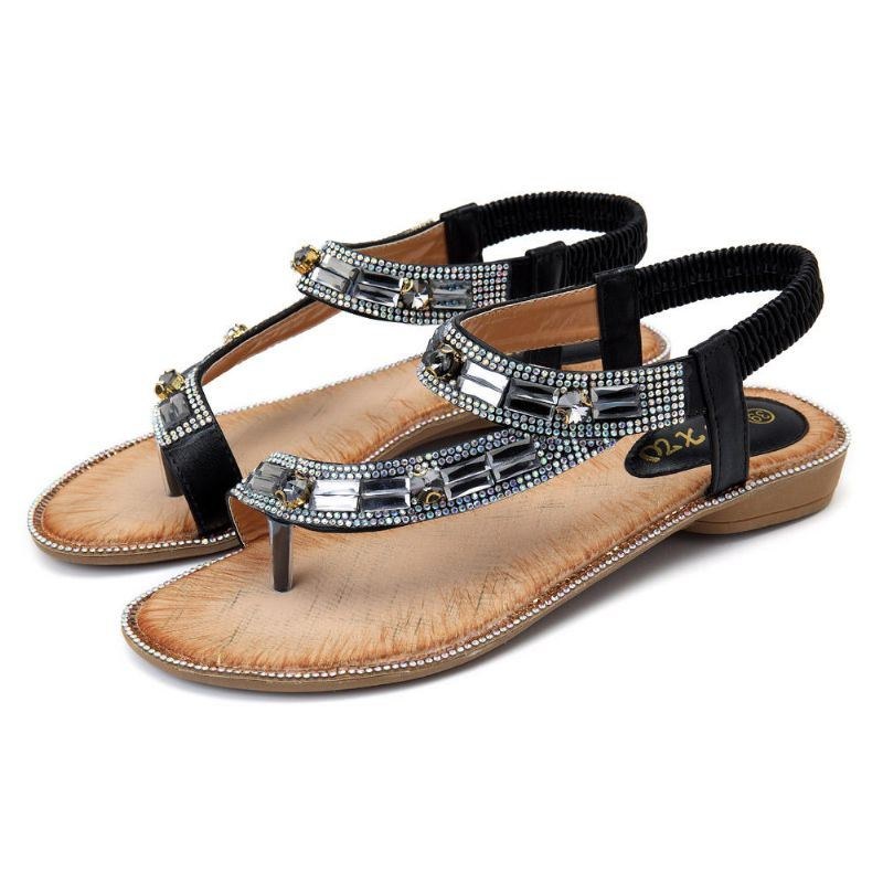 Bohemian Women Rhinestone Flat Sandals Flip Flop Skor