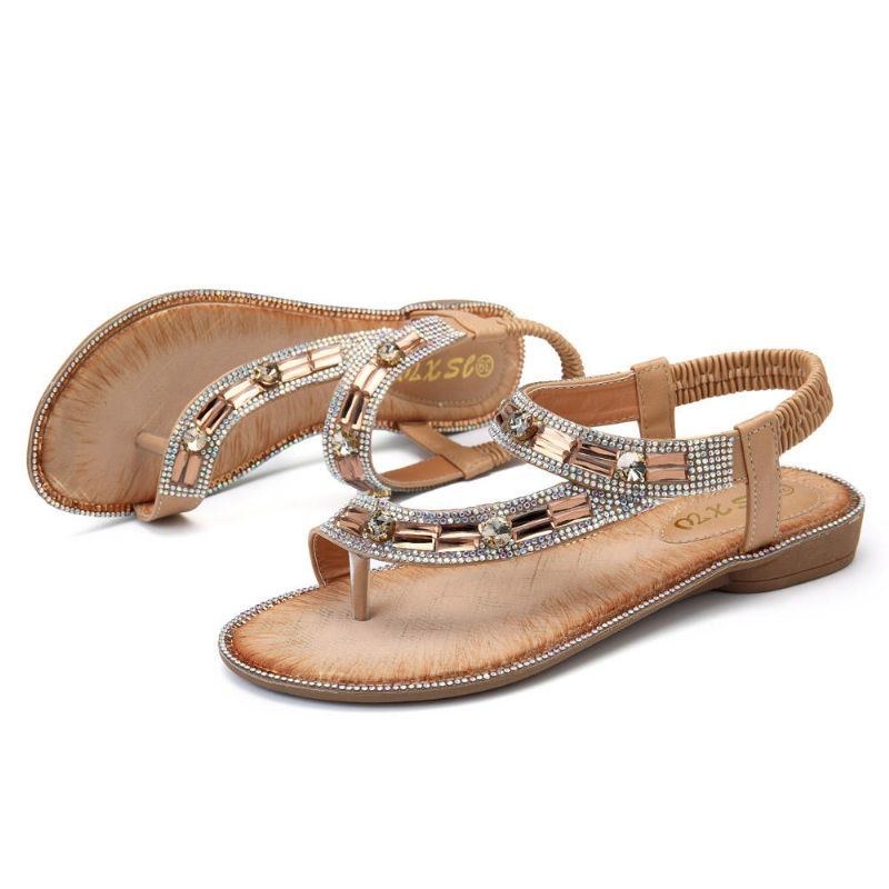 Bohemian Women Rhinestone Flat Sandals Flip Flop Skor