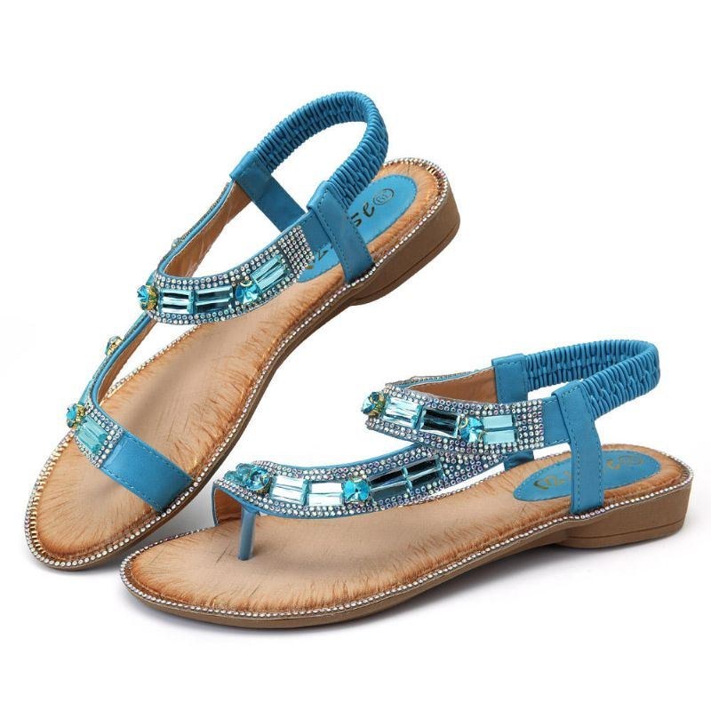 Bohemian Women Rhinestone Flat Sandals Flip Flop Skor