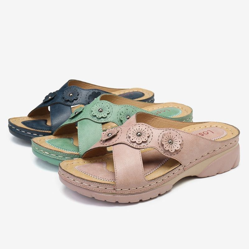 Dam Blomsterdekoration Cross Strap Slip On Casual Daily Beach Wedge Sandaler