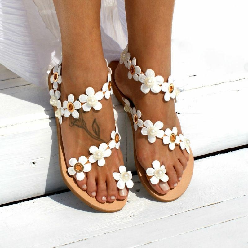 Dam Bohemia Flower Decro Beading Toe Ring Casual Summer Beach Flat Sandaler