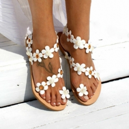 Dam Bohemia Flower Decro Beading Toe Ring Casual Summer Beach Flat Sandaler