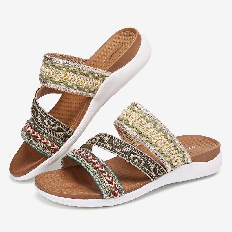 Dam Bohemia Öppen Tå Mjuk Sula Casual Summer Beach Slides Platta Sandaler