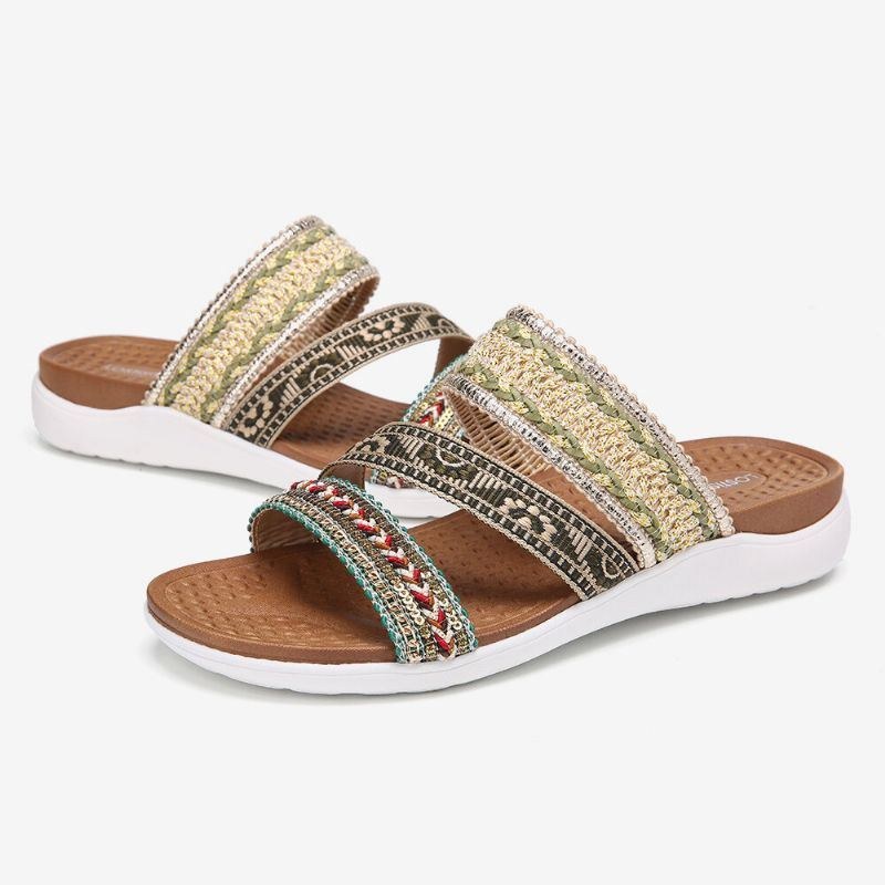 Dam Bohemia Öppen Tå Mjuk Sula Casual Summer Beach Slides Platta Sandaler