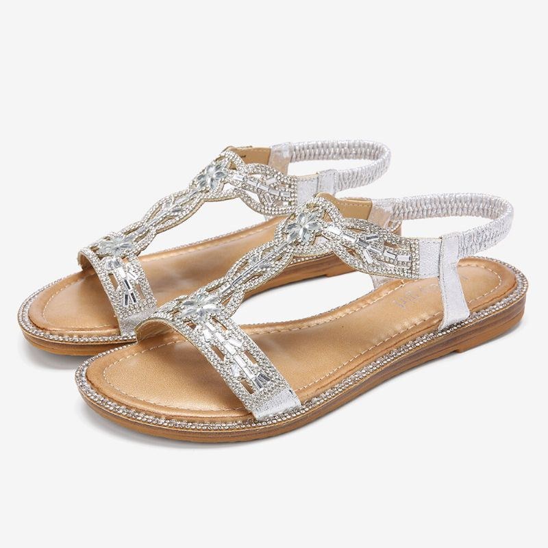 Dam Bohemia Rhinestone Hollow Elastisk Slip On Casual Sandaler