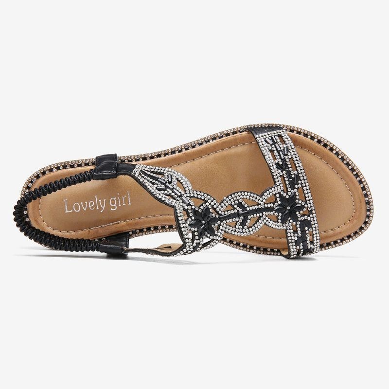 Dam Bohemia Rhinestone Hollow Elastisk Slip On Casual Sandaler