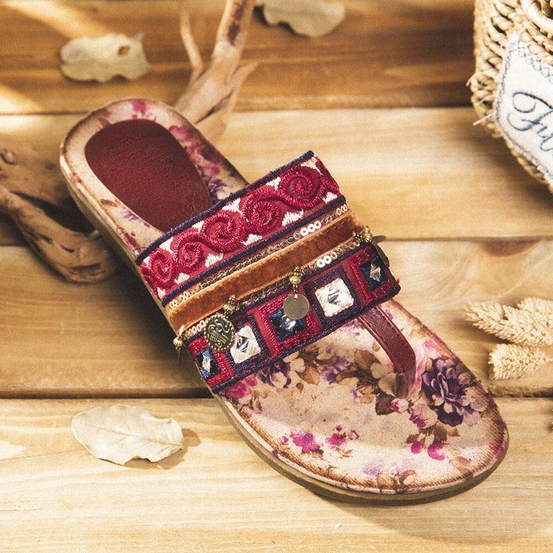 Dam Bohemian Bead Clip Toe Broderad Folkways Blommönster Mjuk Sula Flip Flop Sommar Beach Casual Platta Sandaler