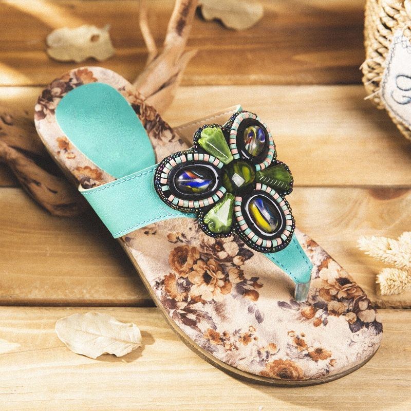 Dam Bohemian Bead Clip Toe Broderad Folkways Blommönster Mjuk Sula Flip Flop Sommar Beach Casual Platta Sandaler