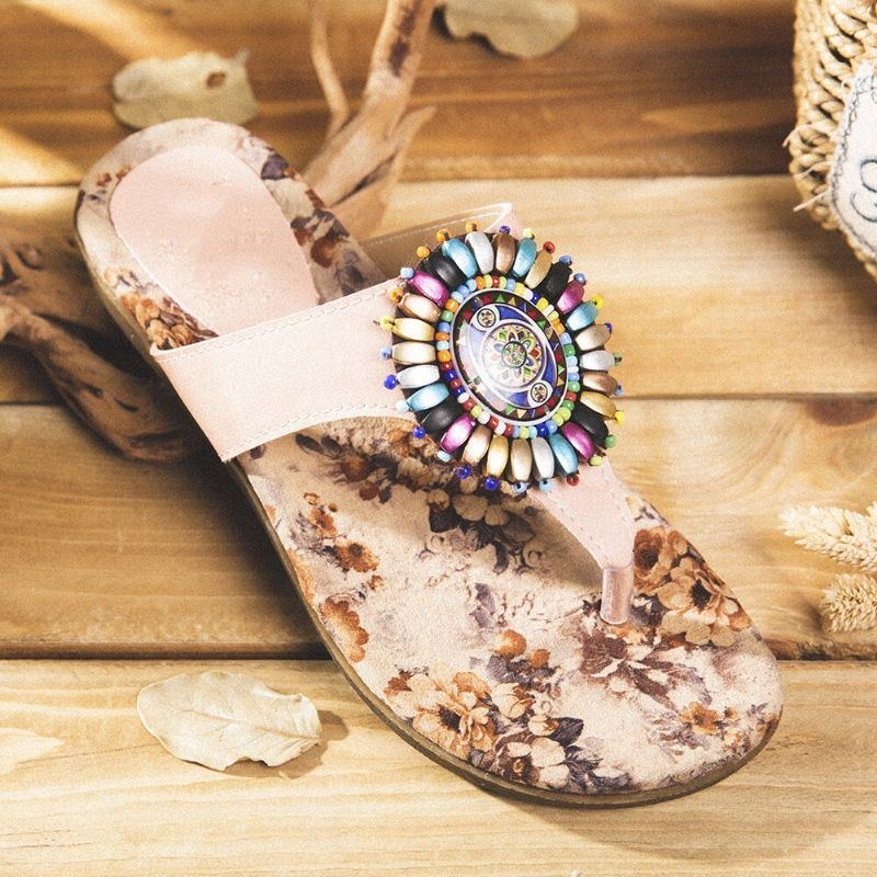 Dam Bohemian Bead Clip Toe Broderad Folkways Blommönster Mjuk Sula Flip Flop Sommar Beach Casual Platta Sandaler