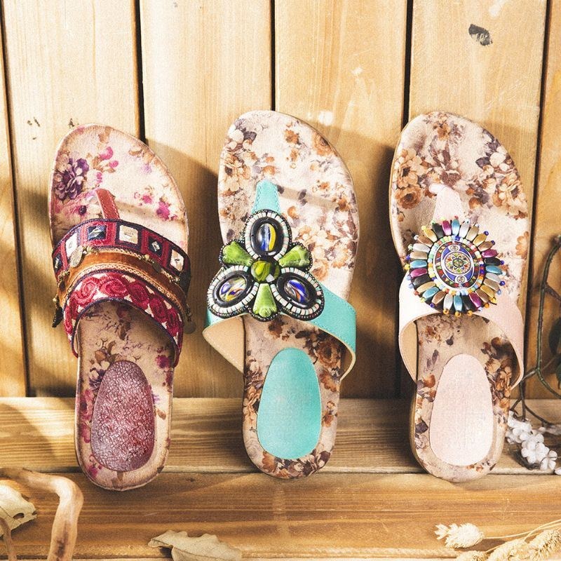 Dam Bohemian Bead Clip Toe Broderad Folkways Blommönster Mjuk Sula Flip Flop Sommar Beach Casual Platta Sandaler