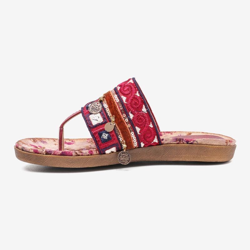 Dam Bohemian Bead Clip Toe Broderad Folkways Blommönster Mjuk Sula Flip Flop Sommar Beach Casual Platta Sandaler