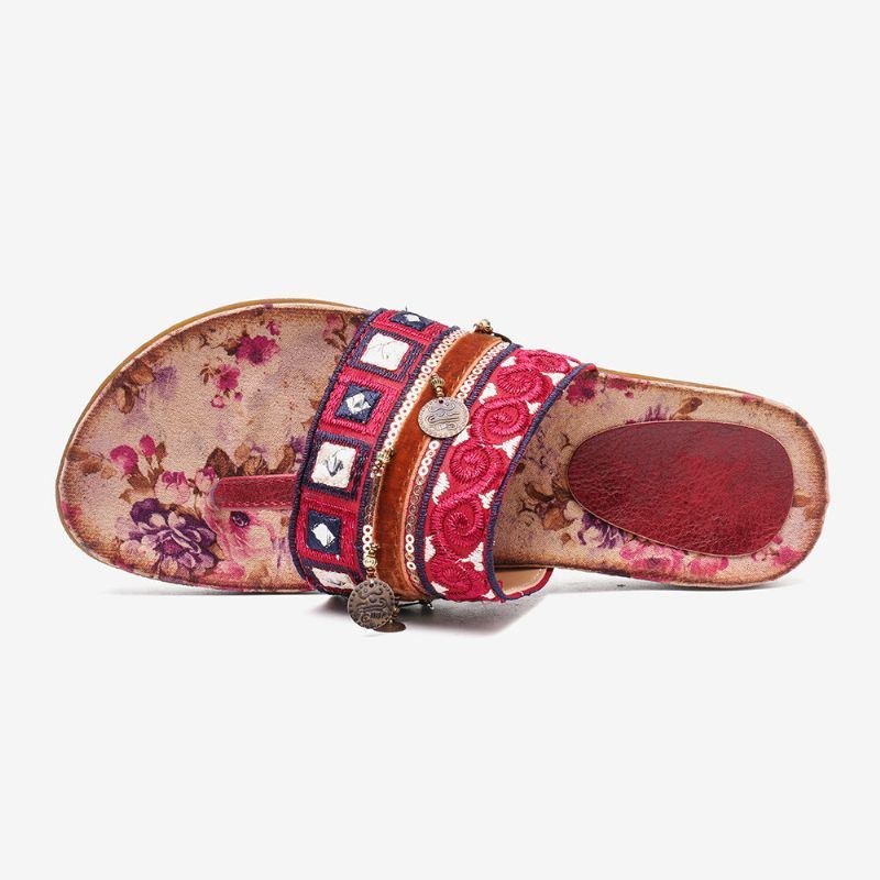 Dam Bohemian Bead Clip Toe Broderad Folkways Blommönster Mjuk Sula Flip Flop Sommar Beach Casual Platta Sandaler