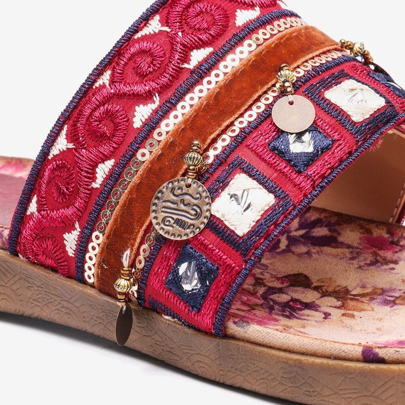 Dam Bohemian Bead Clip Toe Broderad Folkways Blommönster Mjuk Sula Flip Flop Sommar Beach Casual Platta Sandaler