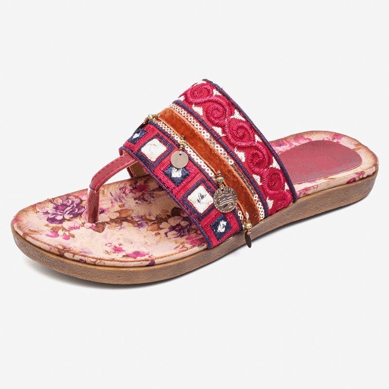 Dam Bohemian Bead Clip Toe Broderad Folkways Blommönster Mjuk Sula Flip Flop Sommar Beach Casual Platta Sandaler