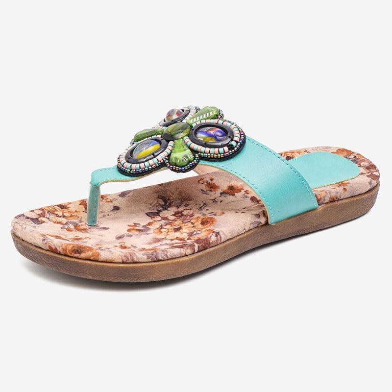 Dam Bohemian Bead Clip Toe Broderad Folkways Blommönster Mjuk Sula Flip Flop Sommar Beach Casual Platta Sandaler