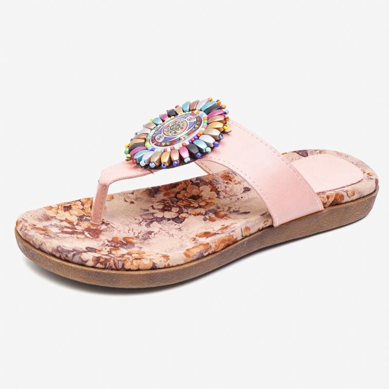 Dam Bohemian Bead Clip Toe Broderad Folkways Blommönster Mjuk Sula Flip Flop Sommar Beach Casual Platta Sandaler