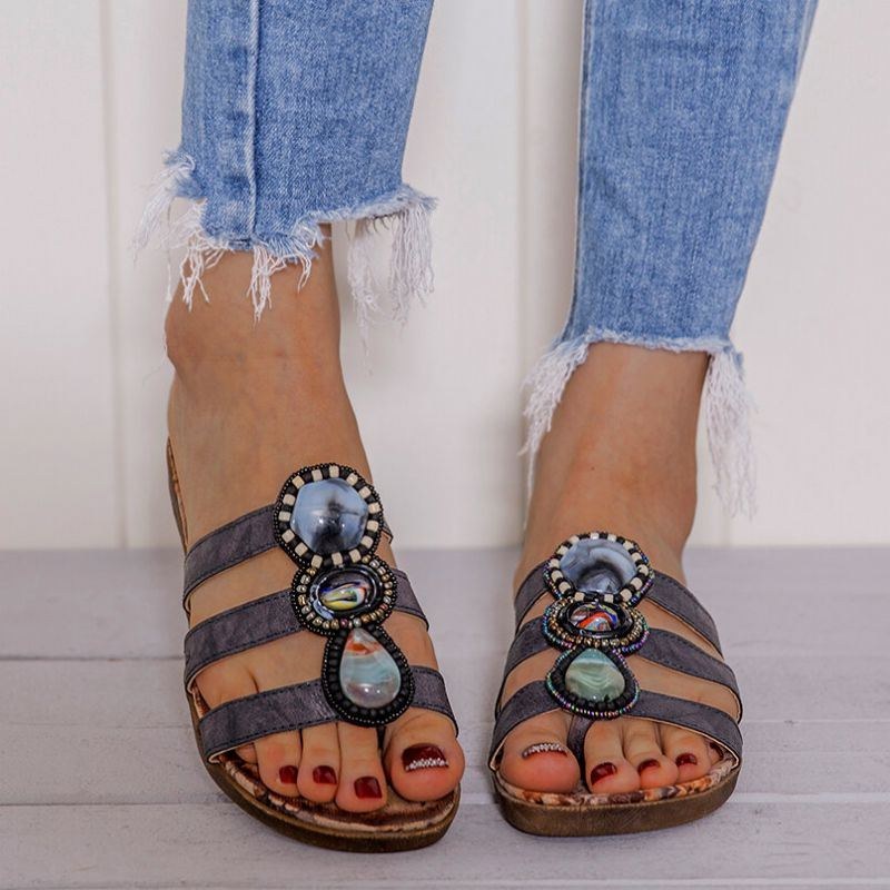 Dam Bohemian Bead Dekoration Clip Toe Blommönster Mjuk Sula Casual Summer Beach Flat Sandaler