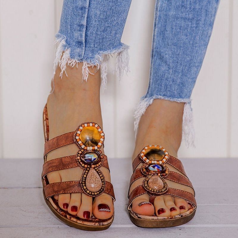 Dam Bohemian Bead Dekoration Clip Toe Blommönster Mjuk Sula Casual Summer Beach Flat Sandaler