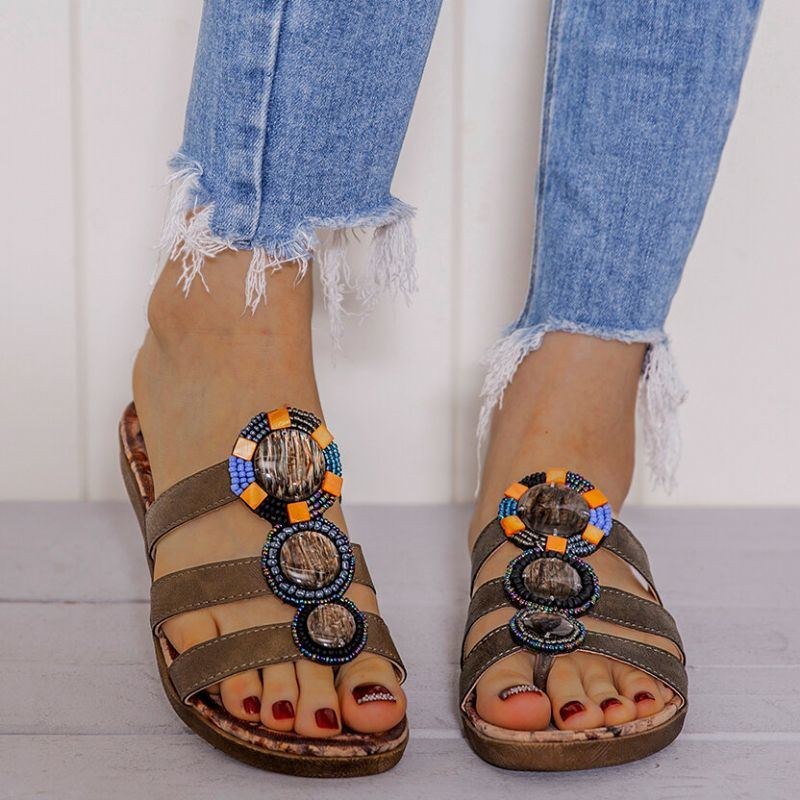 Dam Bohemian Bead Dekoration Clip Toe Blommönster Mjuk Sula Casual Summer Beach Flat Sandaler