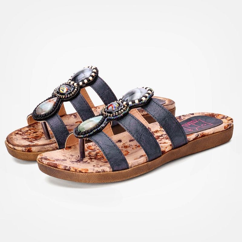 Dam Bohemian Bead Dekoration Clip Toe Blommönster Mjuk Sula Casual Summer Beach Flat Sandaler