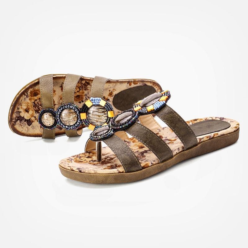 Dam Bohemian Bead Dekoration Clip Toe Blommönster Mjuk Sula Casual Summer Beach Flat Sandaler