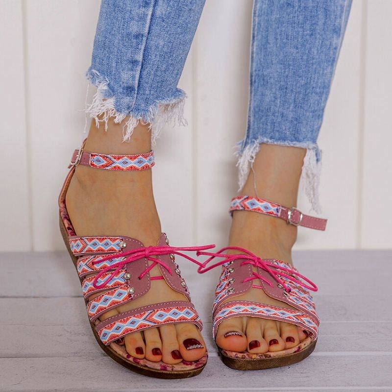 Dam Bohemian Brodered Folkways Open Toe Spänne Casual Summer Beach Flat Sandaler