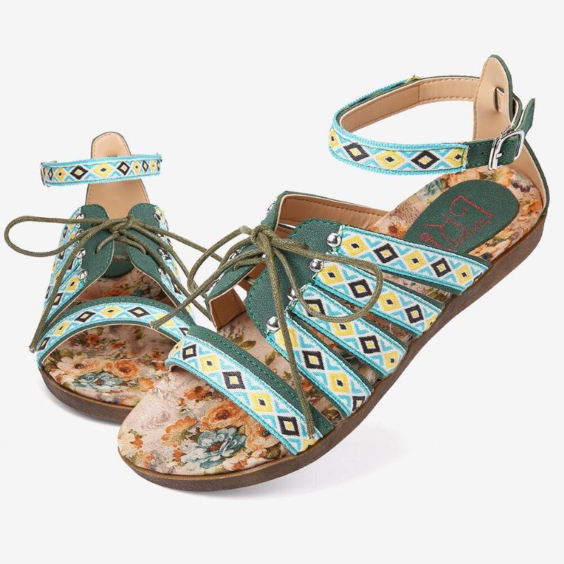 Dam Bohemian Brodered Folkways Open Toe Spänne Casual Summer Beach Flat Sandaler