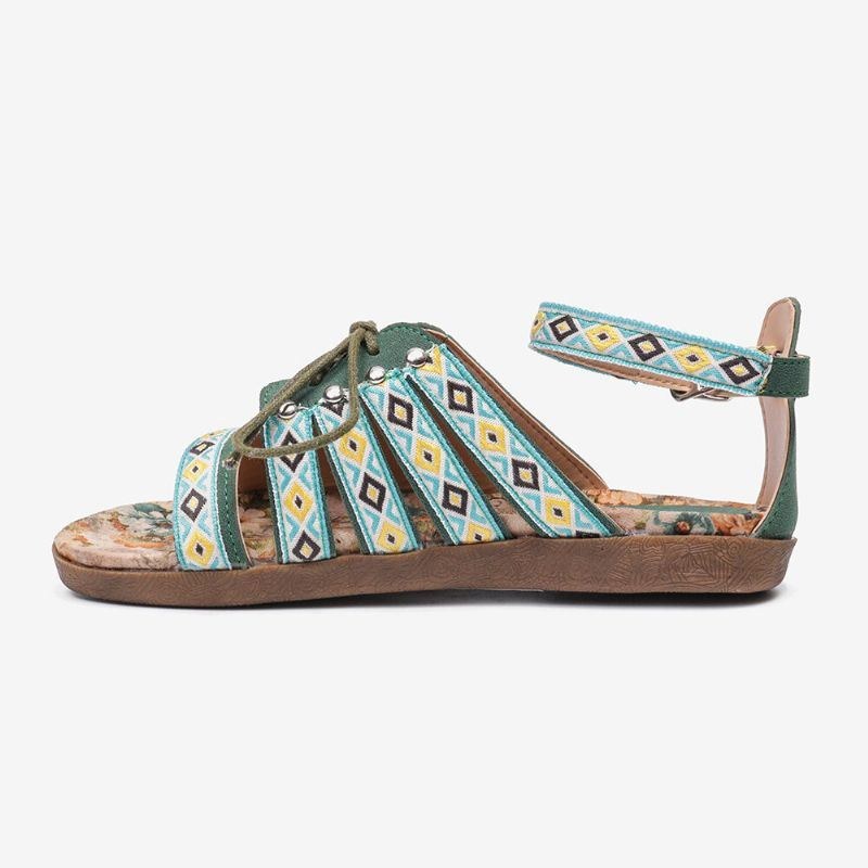 Dam Bohemian Brodered Folkways Open Toe Spänne Casual Summer Beach Flat Sandaler