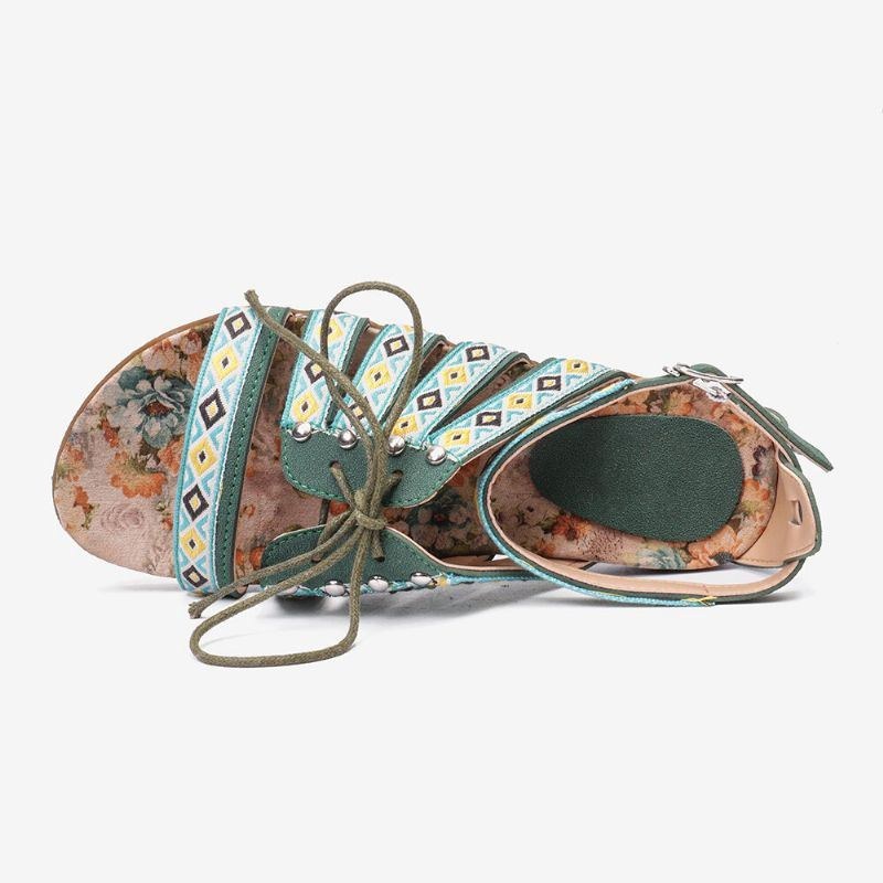 Dam Bohemian Brodered Folkways Open Toe Spänne Casual Summer Beach Flat Sandaler