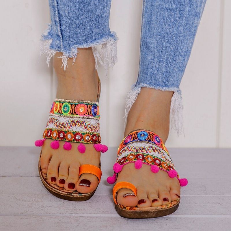 Dam Bohemian Brodered Toe Ring Mjuk Sula Sommar Casual Platta Sandaler