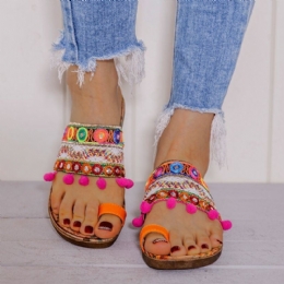 Dam Bohemian Brodered Toe Ring Mjuk Sula Sommar Casual Platta Sandaler