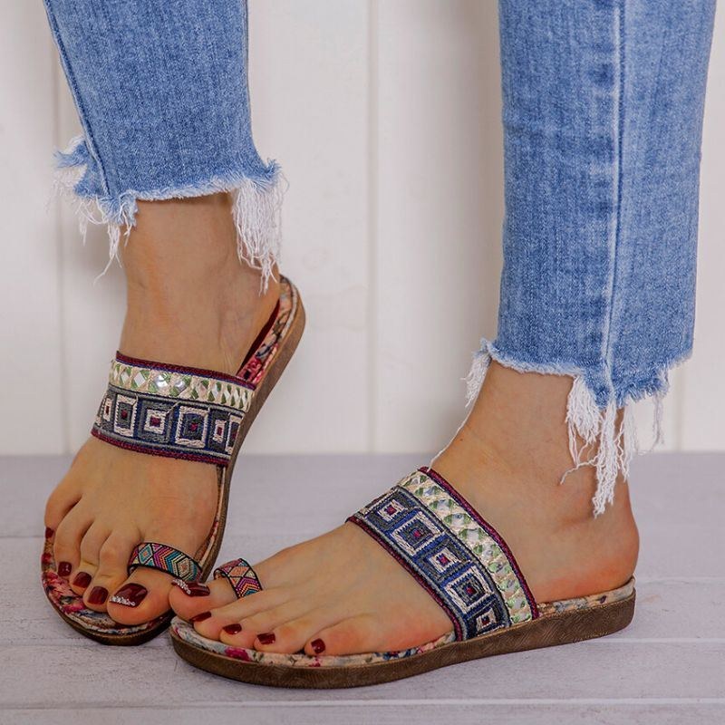 Dam Bohemian Brodered Toe Ring Mjuk Sula Sommar Casual Platta Sandaler