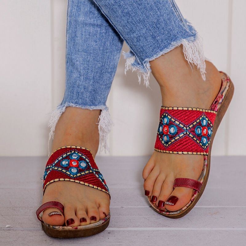 Dam Bohemian Brodered Toe Ring Mjuk Sula Sommar Casual Platta Sandaler