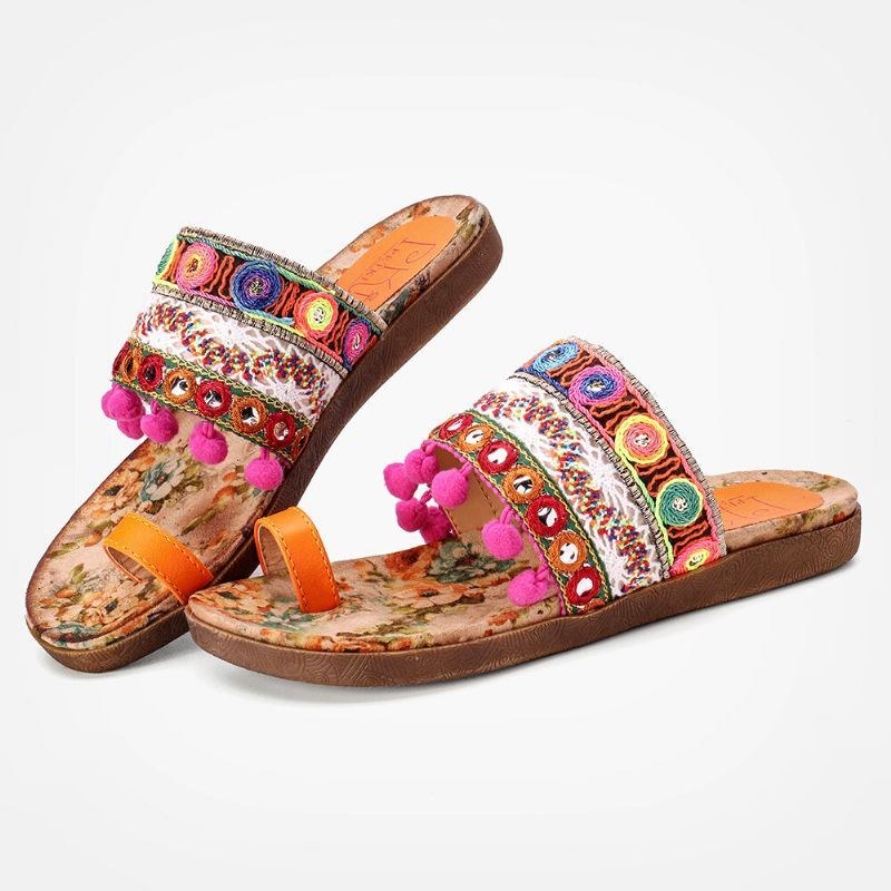 Dam Bohemian Brodered Toe Ring Mjuk Sula Sommar Casual Platta Sandaler