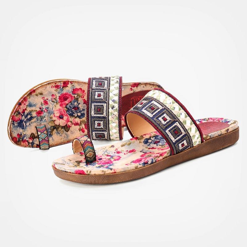 Dam Bohemian Brodered Toe Ring Mjuk Sula Sommar Casual Platta Sandaler