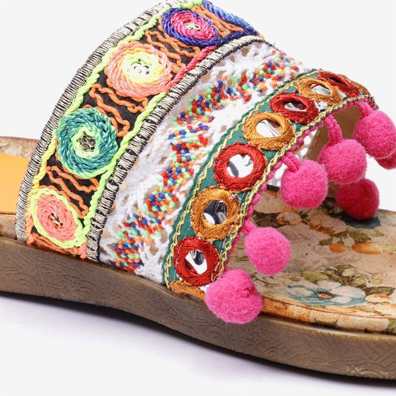 Dam Bohemian Brodered Toe Ring Mjuk Sula Sommar Casual Platta Sandaler