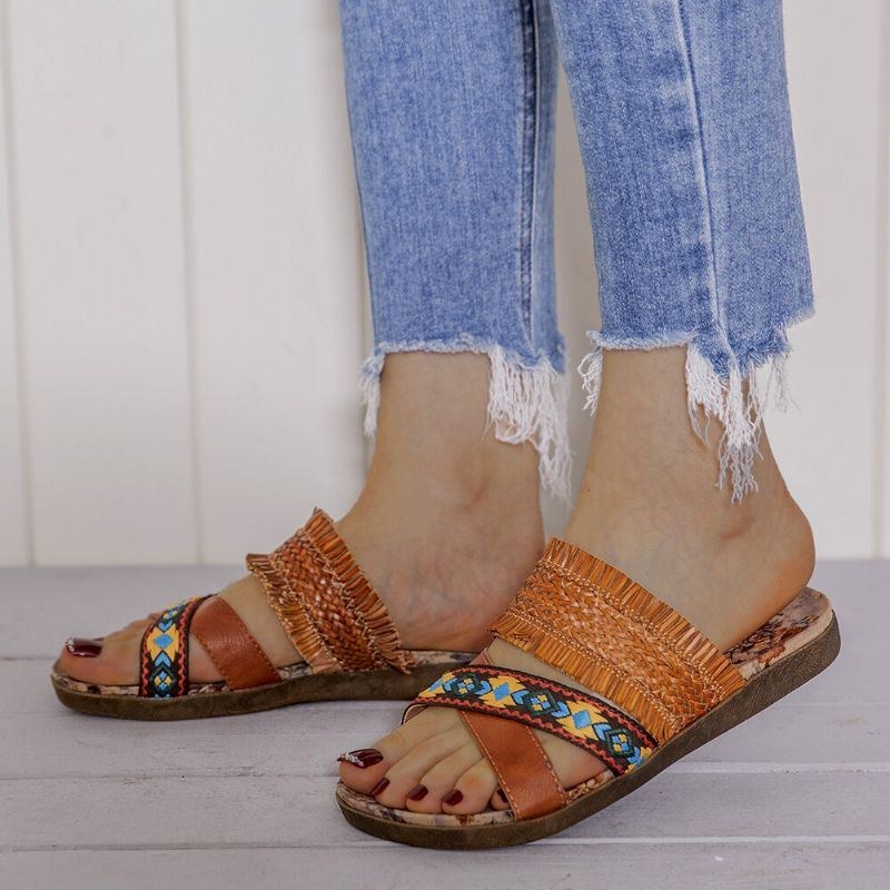 Dam Bohemian Cross Strap Weave Tofs Öppen Tå Casual Beach Flat Sandaler