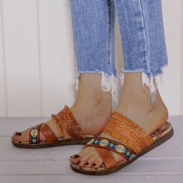 Dam Bohemian Cross Strap Weave Tofs Öppen Tå Casual Beach Flat Sandaler