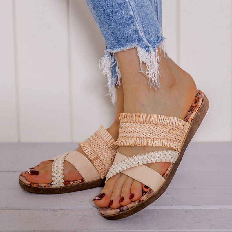 Dam Bohemian Cross Strap Weave Tofs Öppen Tå Casual Beach Flat Sandaler