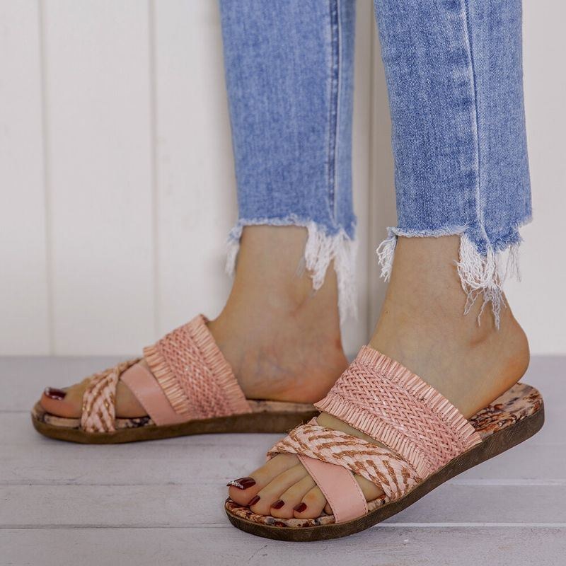 Dam Bohemian Cross Strap Weave Tofs Öppen Tå Casual Beach Flat Sandaler