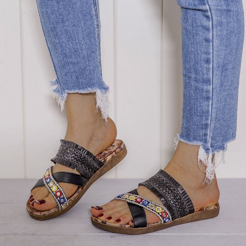 Dam Bohemian Cross Strap Weave Tofs Öppen Tå Casual Beach Flat Sandaler